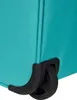 A close-up view of the bottom corner of a teal suitcase, showing one of its black wheels and protective casing. Produktbild-Vorschau