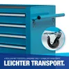 Close-up of a blue tool cart with drawers, showing a handle and a wheel with a brake. Text overlays describe features and benefits. Produktbild-Vorschau
