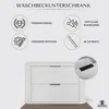 A marketing image showing a white bathroom vanity cabinet with icons and text describing its features. Produktbild-Vorschau