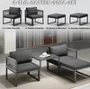 A collage showing a 4-piece garden sofa set, with individual components labeled and then assembled in a lifestyle setting. Produktbild-Vorschau