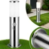 A collage of images showing a stainless steel outdoor lamp with a motion sensor, placed on grass and near a house entrance. Produktbild-Vorschau