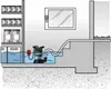 A submersible pump is shown in a flooded basement or utility area, pumping water out through a hose. Náhled obrázku produktu