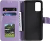 A purple flip case for a Samsung Galaxy S20 phone, shown open with card slots and a picture window. Produktbild-Vorschau