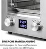 Close-up of the control panel of a silver high-temperature grill, showing two control knobs and a digital LED display. Produktbild-Vorschau