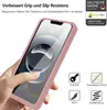 A hand holding a pink phone case with a phone inside, with marketing text and icons around it. Produktbild-Vorschau