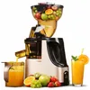 A slow juicer with a container full of fruits on top, juicing into a pitcher and a glass of juice next to it, with fresh fruits at the base. Produktbild-Vorschau