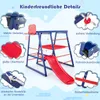 A diagram showcasing the child-friendly features of a blue and red playground set. Podgląd zdjęcia produktu