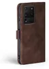 A brown flip case for a Samsung Galaxy S20 Ultra 5G phone, shown from the side with the camera module visible. Produktbild-Vorschau