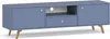 A blue TV lowboard with wooden legs on a white background. Produktbild-Vorschau
