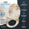 A toilet seat with a decorative leaf pattern is shown open, with marketing text and icons on the right side. Produktbild-Vorschau