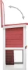 A side view of a red and white wooden rabbit hutch with the roof open, showing an arrow indicating movement. Produktbild-Vorschau