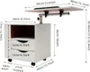 A diagram showing the dimensions of a white multifunctional bookshelf/nightstand with a liftable top and two drawers. Voir les images du produit