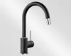 A black kitchen faucet with a flexible spout and a silver handle against a light gray background. Náhľad obrázku produktu