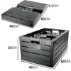 Two views of a dark gray foldable storage box, one collapsed and one assembled, with dimensions indicated by text overlays. Produktbild-Vorschau