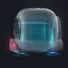A transparent, futuristic-looking cat litter box with blue grid lines and arrows indicating airflow, set against a dark background. There are red lights on the front and blue ripple effects at the base. Anteprima dell’immagine prodotto