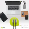 A flat lay of a laptop, external hard drive, mouse, smartphone, drawing tablet, and a USB-C cable, arranged on a white background. The image highlights the USB-C cable and its compatibility with Apple MacBooks. Produktbild-Vorschau