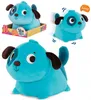 A collage of images showing a blue plush puppy toy in packaging and in use, demonstrating its movement and sound. Náhled obrázku produktu