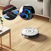 A robot vacuum cleaner on a wooden floor, with close-up insets showing its cleaning brushes. Produktbild-Vorschau