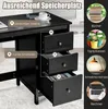 A black desk with drawers, featuring callouts and inset images highlighting features like storage, plants, and a lamp. Produktbild-Vorschau