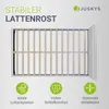 A top-down view of a bed frame with slats, accompanied by feature icons and text. Produktbild-Vorschau