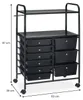 A black rolling cart with multiple drawers and two shelves, shown against a white background with dimensions indicated. Produktbild-Vorschau