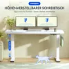 A white height-adjustable desk with two monitors, a keyboard, and accessories. Produktbild-Vorschau