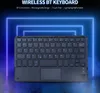 A wireless Bluetooth keyboard with a touchpad is displayed against a backdrop of glowing blue geometric shapes. Náhled obrázku produktu