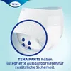 A close-up view of a TENA Pants Maxi XL incontinence product, with a magnified inset showing its absorbent layers and liquid absorption. Produktbild-Vorschau