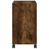 A product shot of a wooden side table with wheels. Podgląd zdjęcia produktu