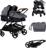 A collage of images showing a twin stroller in different configurations and a matching bag. Produktbild-Vorschau