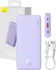 A product shot of a purple power bank and its accessories, presented with its packaging. Produktbild-Vorschau
