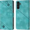 A teal flip leather wallet case for a Samsung Galaxy A14 5G is shown from the front and back. Produktbild-Vorschau