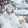 A woman in winter clothing looking up at falling snow, with overlay text and a circular badge. Produktbild-Vorschau