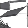 Two gray awnings are shown against a white background. One awning is extended and angled downwards, supported by poles. The other awning is retracted and positioned above and behind the first. Produktbild-Vorschau