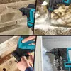 Collage of four images showing a cordless hammer drill being used for various tasks like drilling into brick, concrete, wood, and a wall. Voir les images du produit