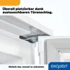 Close-up of a refrigerator door hinge mechanism with text overlays. Produktbild-Vorschau