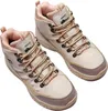A pair of beige hiking boots with pink accents, shown on a white background. Podgląd zdjęcia produktu