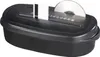 A black paper shredder is shown from a slightly elevated front-side angle, with a credit card and a CD being fed into the shredding slot. Produktbild-Vorschau