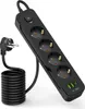 A black power strip with multiple outlets and USB ports, along with its coiled power cord and plug. Anteprima dell’immagine prodotto