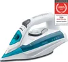 A white and teal steam iron is shown against a white background, with a promotional badge in the top right corner. Produktbild-Vorschau