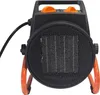 A black and orange electric heater with a mesh front and orange legs, set against a white background. Anteprima dell’immagine prodotto