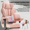 A pink gaming chair with text overlays highlighting its features, including a close-up of the spring system. Podgląd zdjęcia produktu
