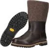 A pair of brown leather boots with gray felt uppers and a black Vibram sole are shown against a white background. One boot is standing upright, while the other is shown sole-up. Produktbild-Vorschau