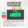 A close-up of a Strex battery charger's LCD display, showing charging status and battery icons, with accompanying text explaining the display. Produktbild-Vorschau