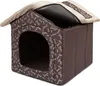 A brown dog house with a bone pattern and a beige roof, shown against a white background. Produktbild-Vorschau