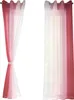 Two sets of curtains hanging against a white background. The left set is tied back with a fabric band, showing a gradient from dark pink to white. The right set is fully extended, revealing a sheer white curtain with a subtle pattern behind a solid pink ou Produktbild-Vorschau