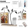 A collage of images showcasing a decorative photo frame with a metal tree design, a glass vase, and a wooden base. It includes close-ups and instructional diagrams. Produktbild-Vorschau