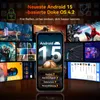 Collage of marketing images showcasing a smartphone with Android 15, various app interfaces, and gaming scenes. Produktbild-Vorschau