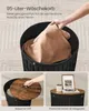 A collage showing a laundry basket with a person putting clothes in it, a close-up of the lid, and the basket used as a side table. Produktbild-Vorschau