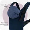 Close-up of a dark blue baby carrier with a patterned hood, highlighting features with text labels. Náhled obrázku produktu